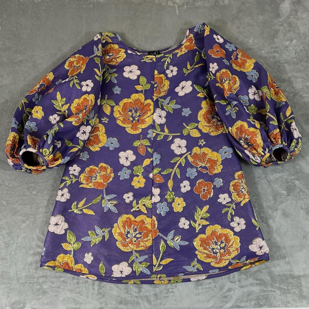 Arianne Elmy Seasonless Mini Dress Womens XL Purple Floral Puff Sleeve Jacquard